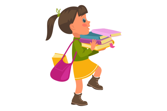 Girl Carries Stack of Books or Textbooks: A Symbol of Learning and Responsibility