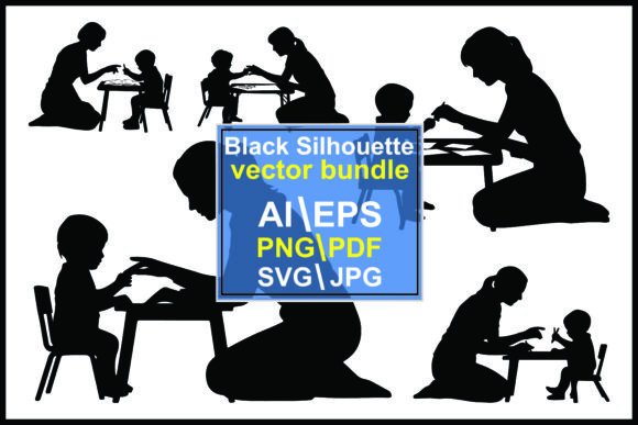 Silhouettes Woman Child at Tables Learning
